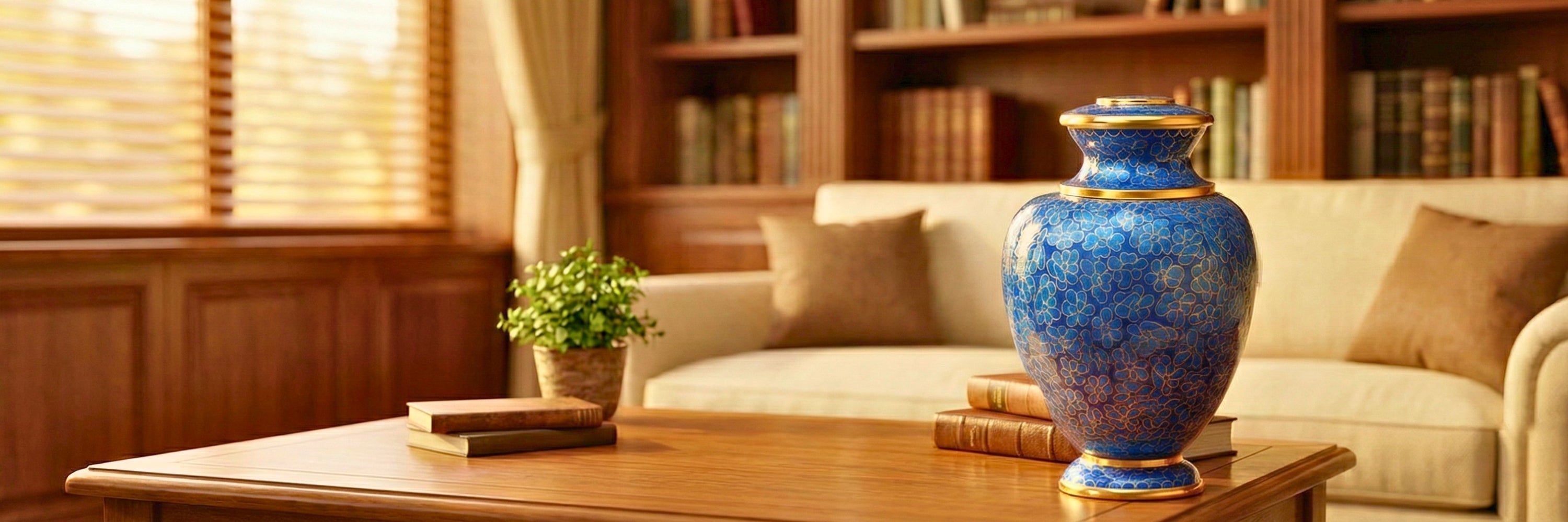 Blue cloisonné cremation urn on wooden table in warm home library setting — Magnolia Memorial Marketplace