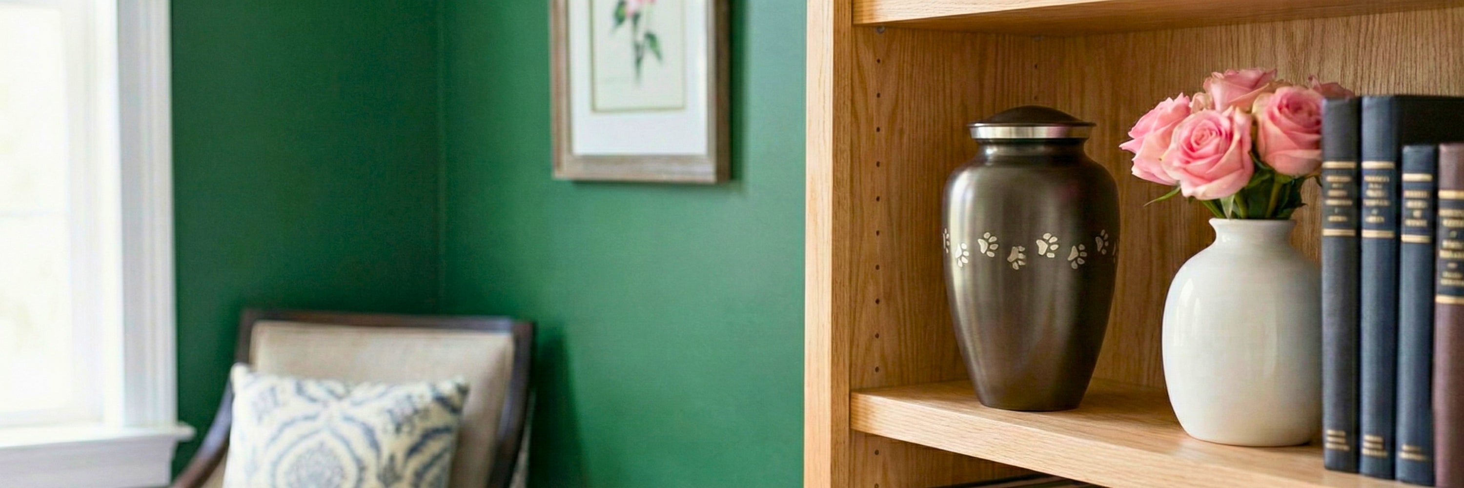 Slated-colored pet cremation urn with paw print band on wooden bookshelf beside pink roses — Magnolia Memorial Marketplace