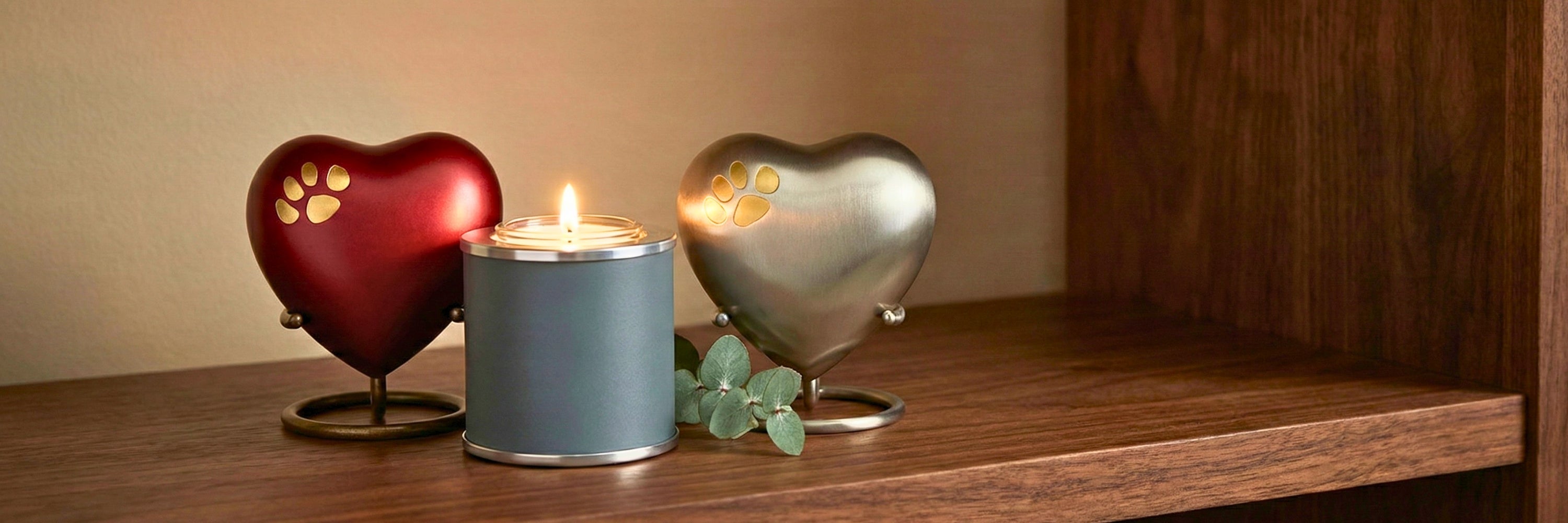 Pet memorial keepsake collection featuring red and pewter heart urns with gold paw prints flanking a lit slate candle keepsake on wooden shelf — Magnolia Memorial Marketplace