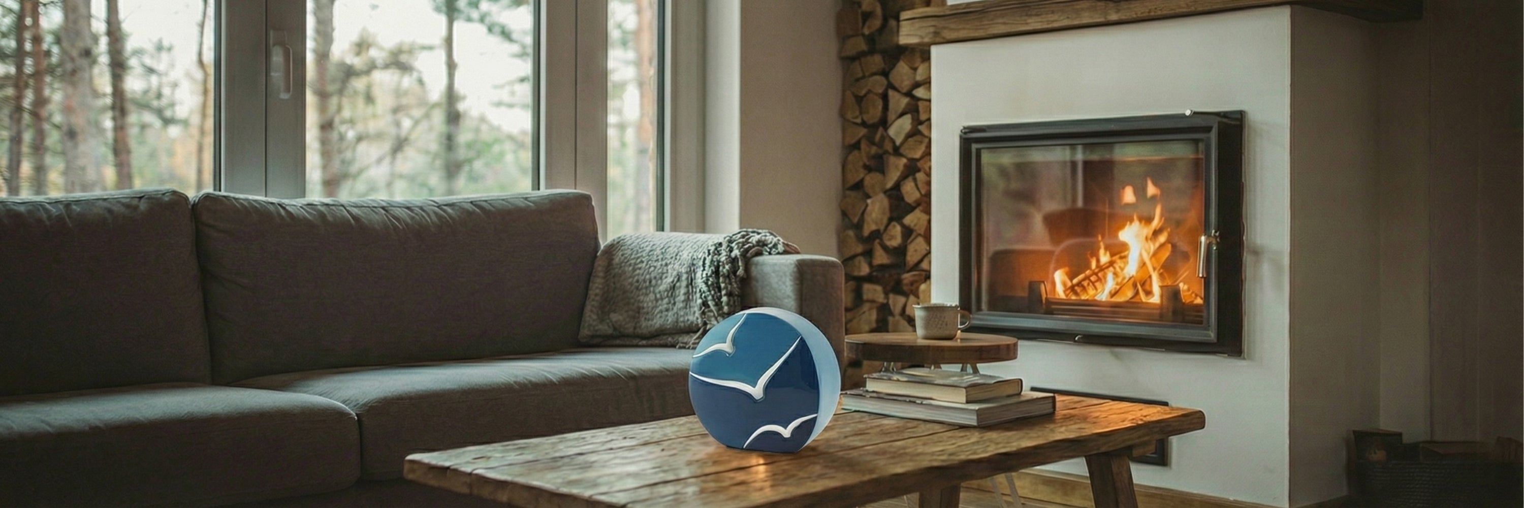 Round blue cremation urn with white bird design on rustic coffee table beside wood-burning fireplace — Magnolia Memorial Marketplace